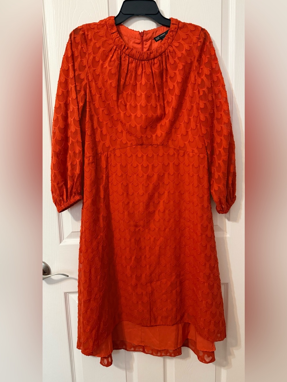 Maggy London Red-Orange Textured Long Sleeve Dress